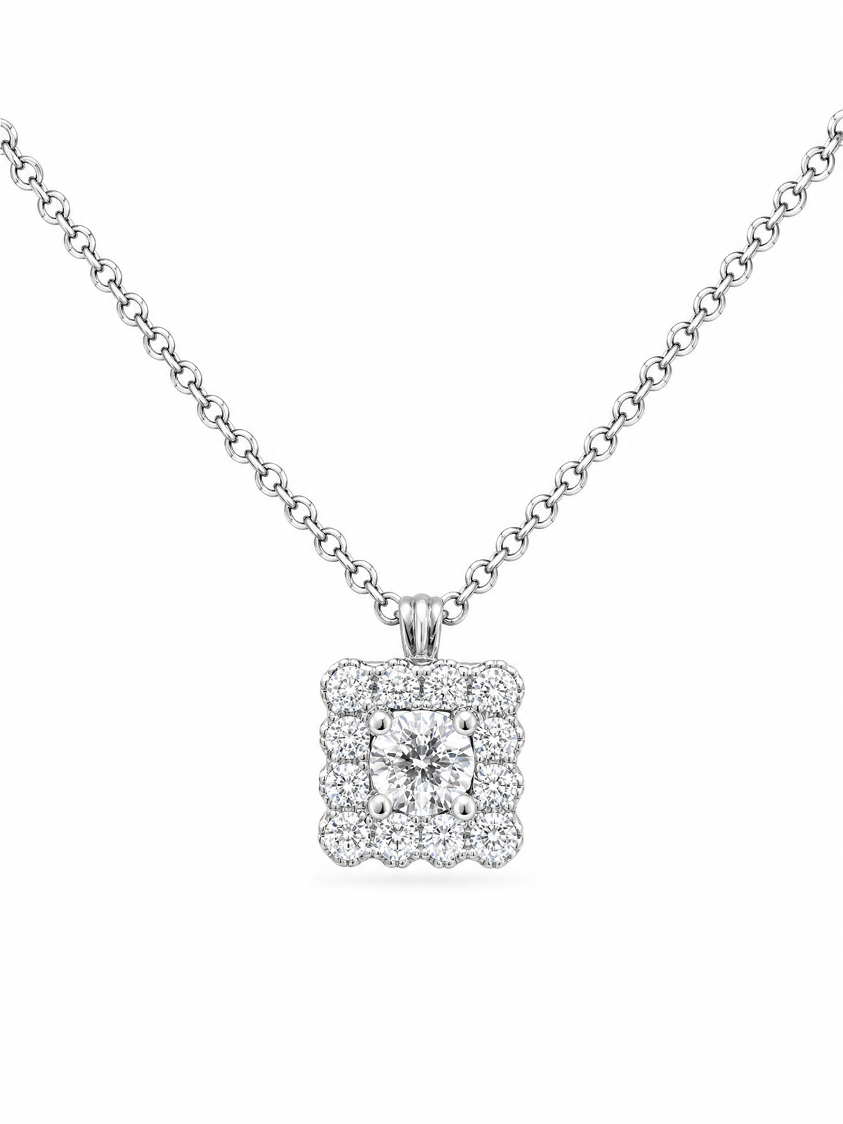 Square halo diamond pendant with chain by Memoire Jewellery
